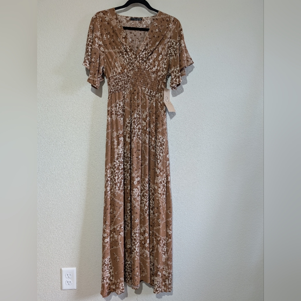 Final Touch NWT  Patchwork Boho Floral Flare Sleeve Maxi Dress Pale Gold S